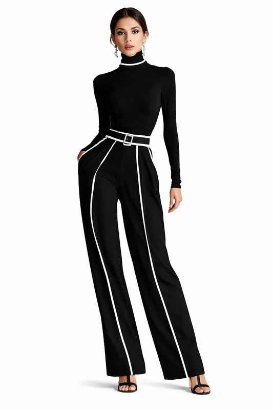 NIVANA | Contrast-Trim Turtleneck and Trousers Set
