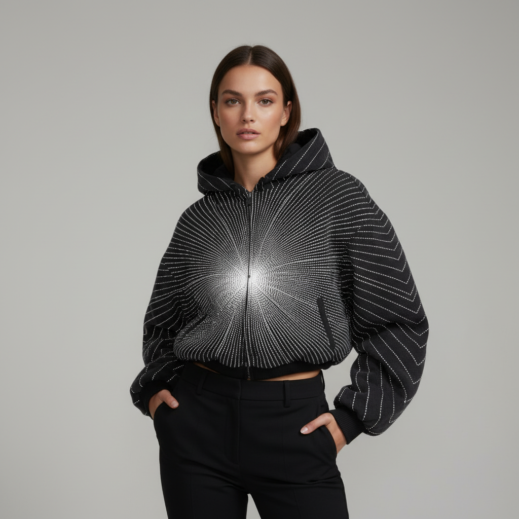 Black Reflective Stripe Hoodie Hood Down