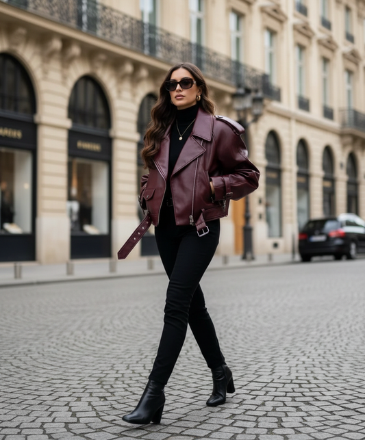 Burgundy Leather Jacket Walking