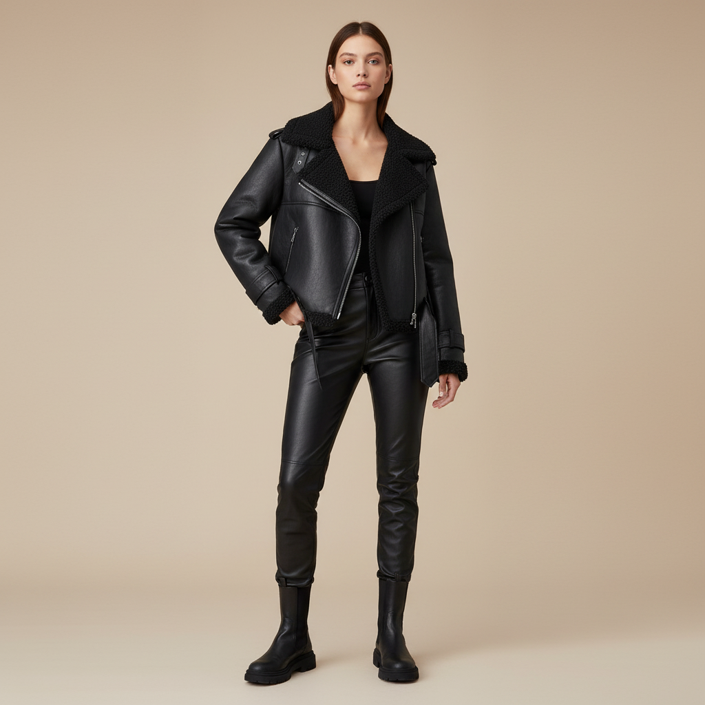 Luxurious Teddy Aviator Jacket - Black Leather Shearling Coat