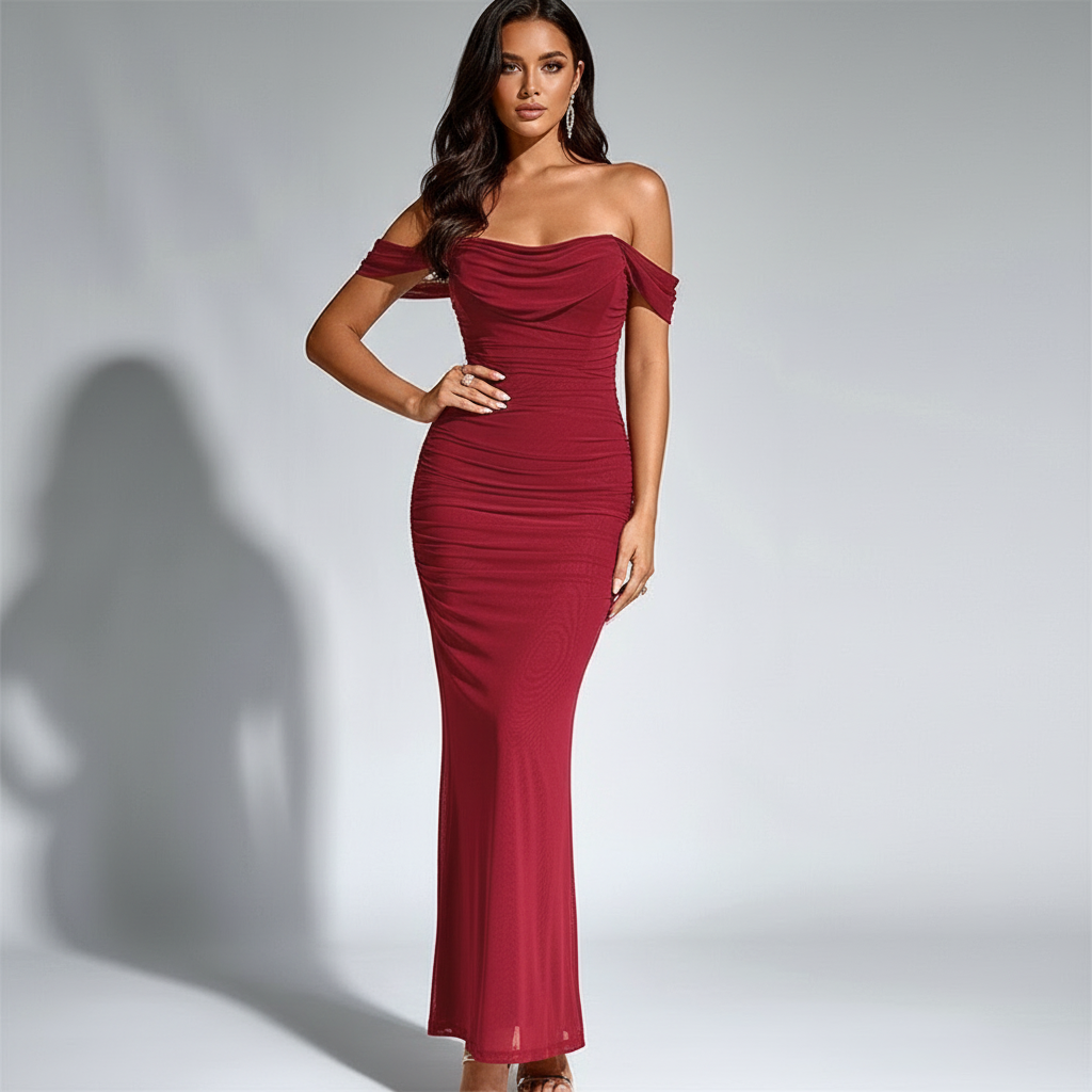 Wine Red Off-Shoulder Maxi Dress Complete Face